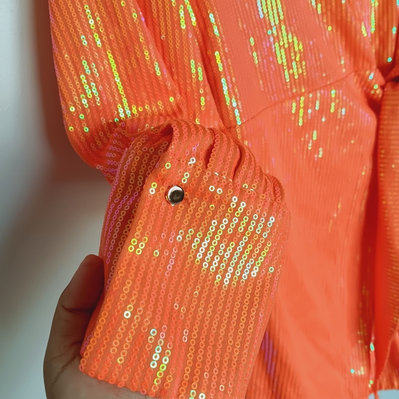 House of Harlow 1960 Shimmering Sequin Orange Long Sleeve Dress - Picture 2 of 11